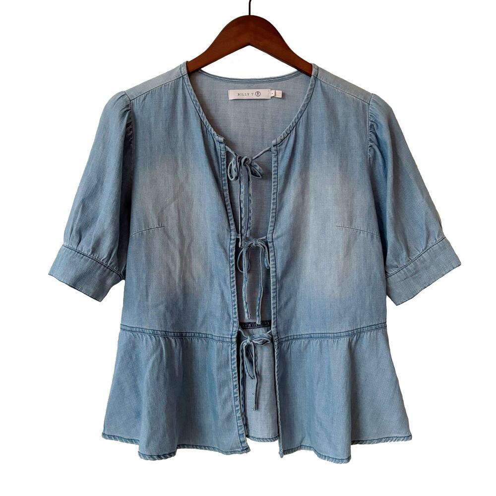 Billy T Chambray Open Tie-Front Blouse Sz S
